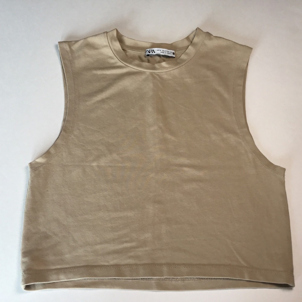 Zara Muscle Tank Top Sleeveless‎ Neutral Beige Cropped Basic Tee Small